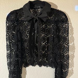 Zara Black Lace Blouse with Collar and Neck Tie - Size Small